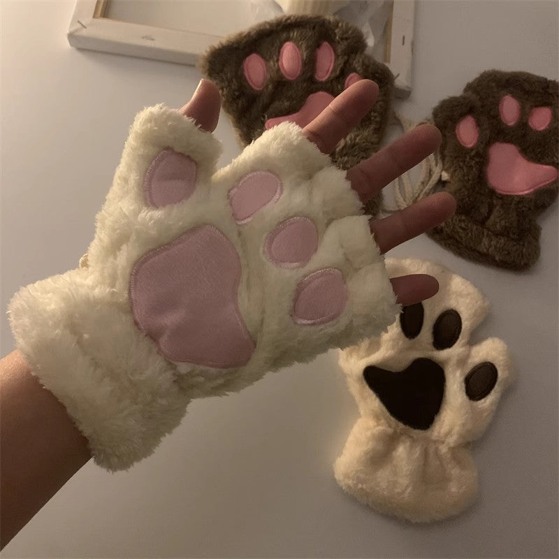 Girls Cat's Paw Gloves Soft Plush Half Finger Gloves Winter Warm Keeping Gloves