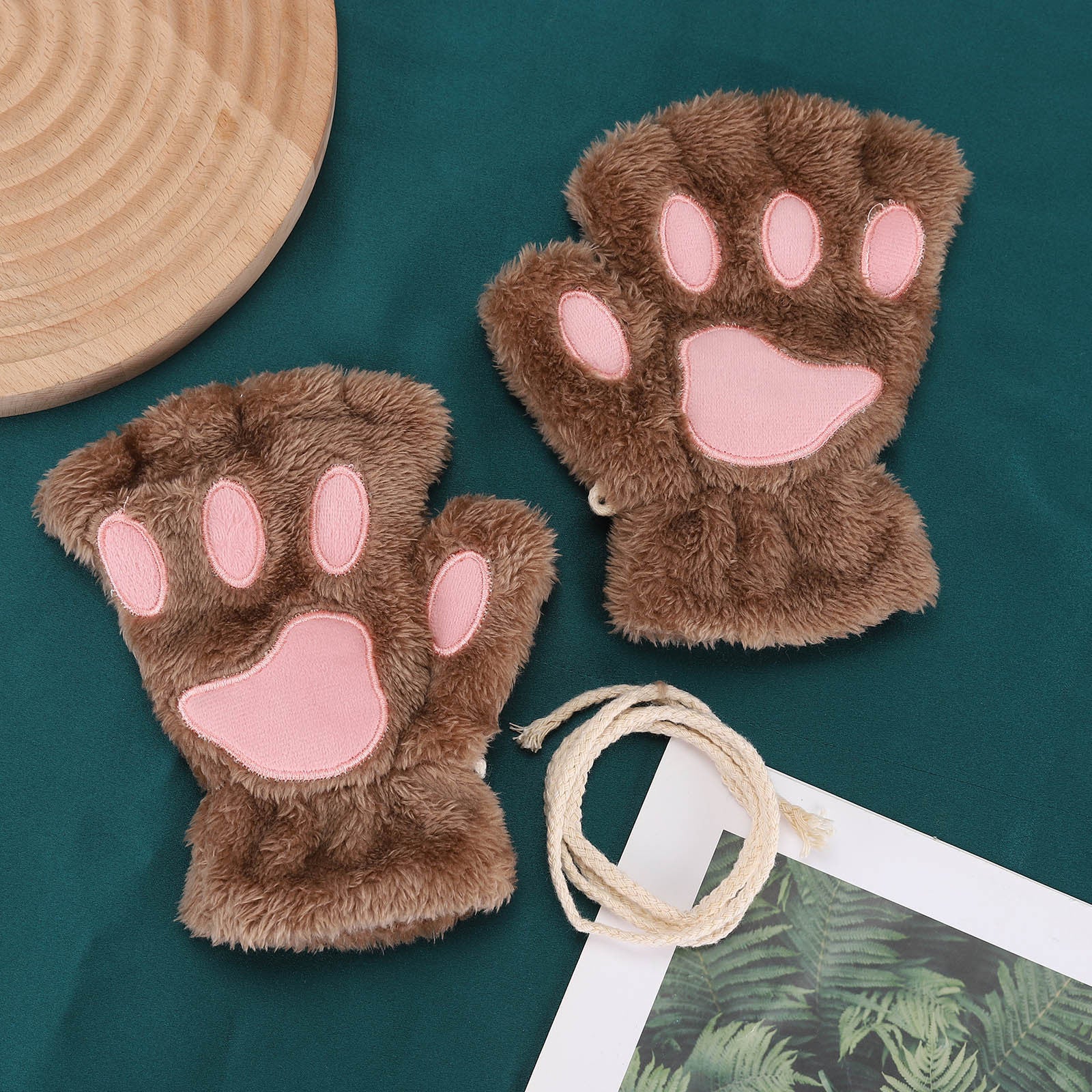 Girls Cat's Paw Gloves Soft Plush Half Finger Gloves Winter Warm Keeping Gloves