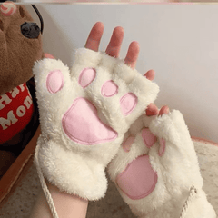 Girls Cat's Paw Gloves Soft Plush Half Finger Gloves Winter Warm Keeping Gloves