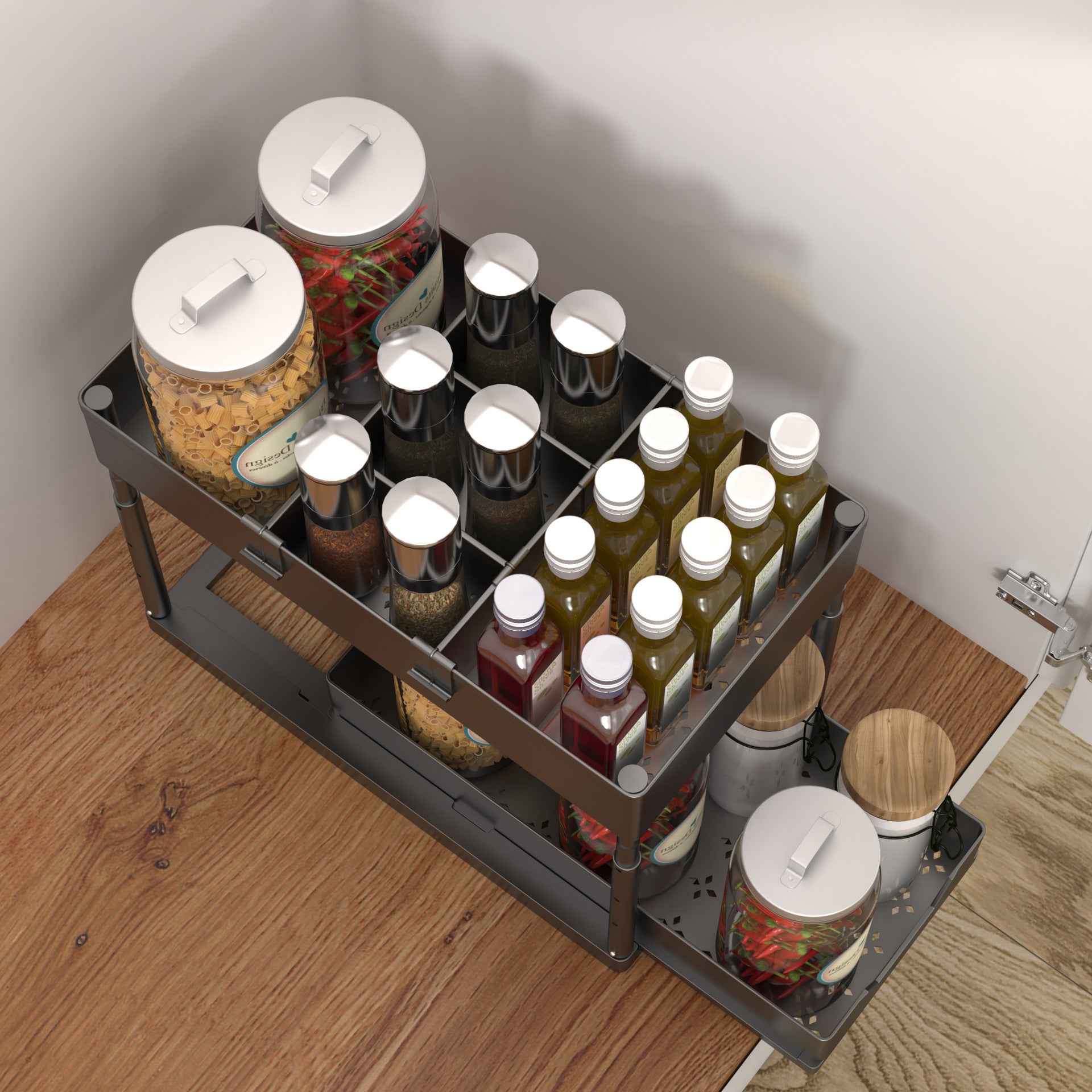 2 Tier Sliding Drawer Bathroom Under Sink Organizer with Hooks