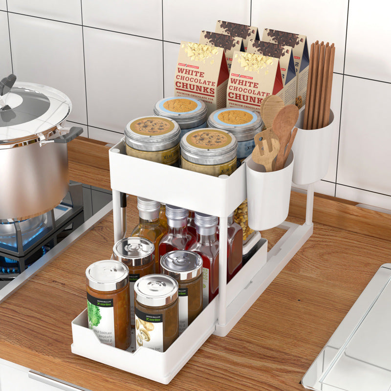 2 Tier Sliding Drawer Bathroom Under Sink Organizer with Hooks