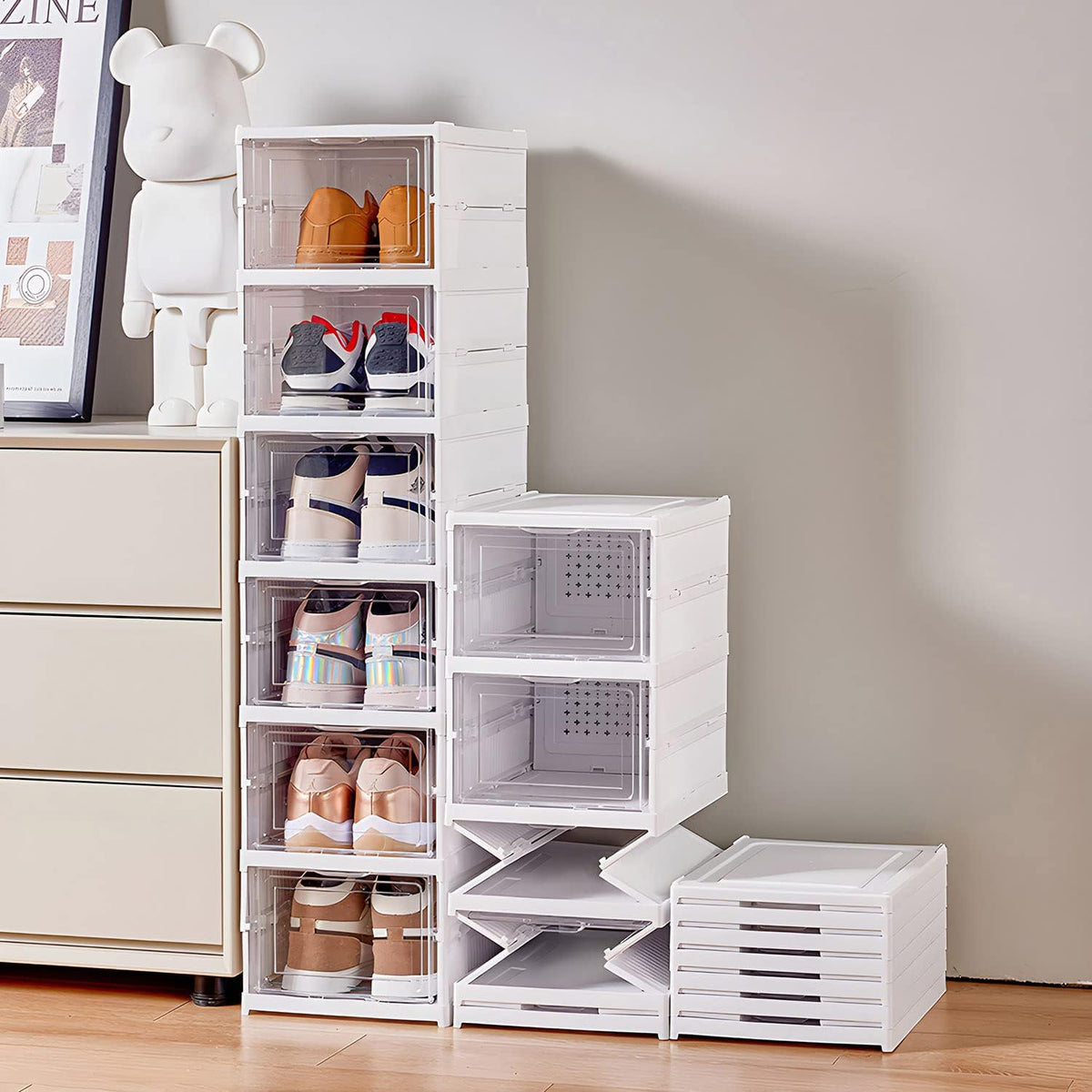 6 Tier Transparent Shoe Boxes With Door Foldable Stackable Shoe Rack
