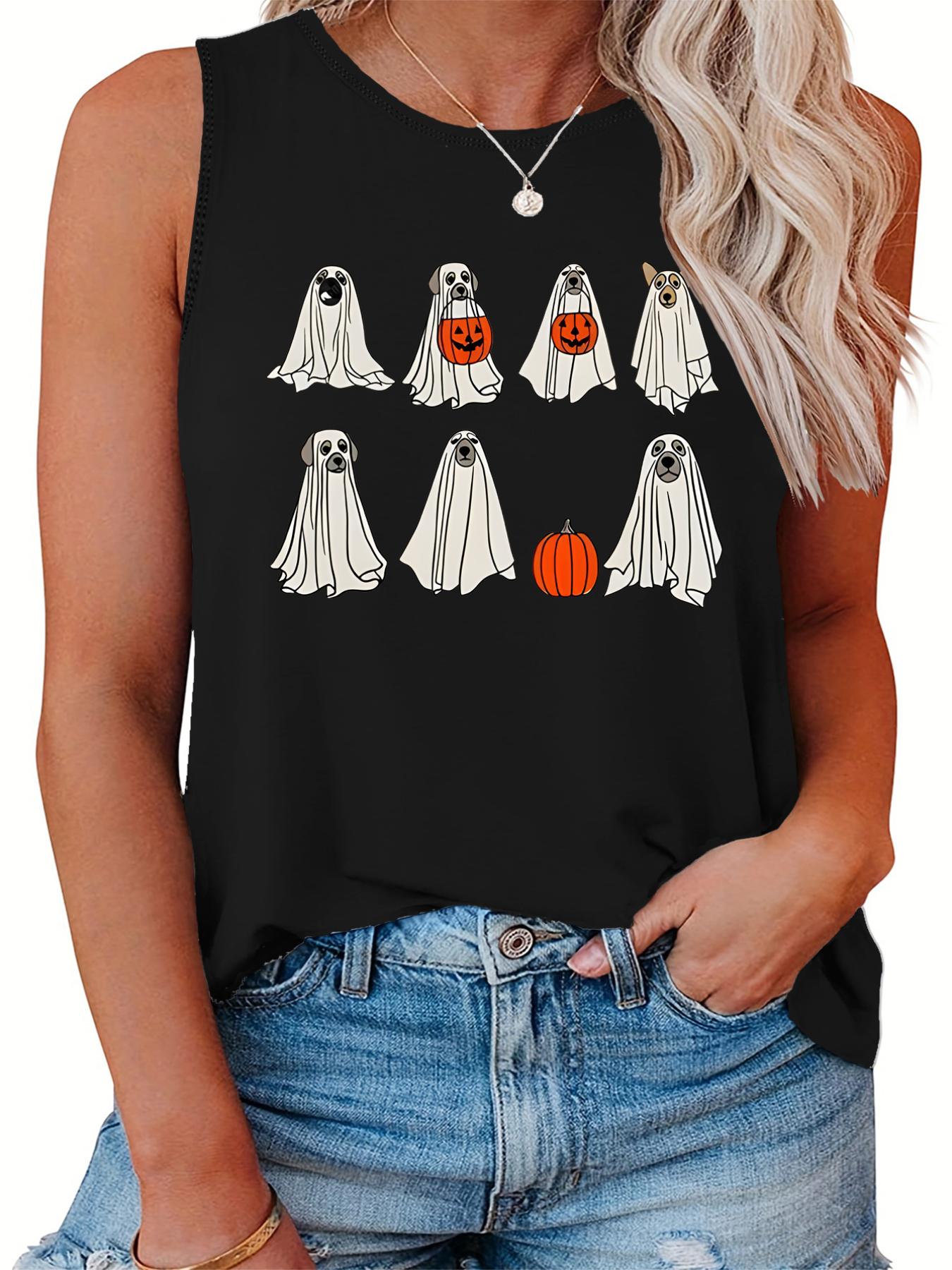  Ghost & Pumpkin Print Round Neck Vest Top