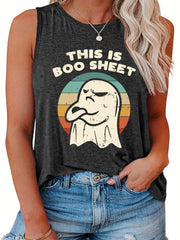  Halloween Tank Top Women's Plus Ghost & Slogan Print