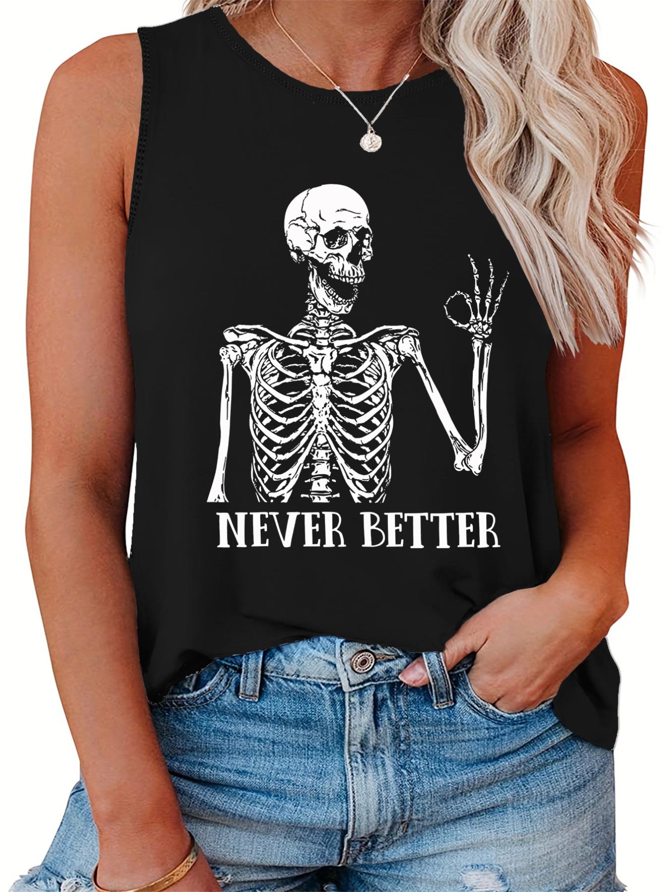  Funny Skull Print Tank Top Round Neck Summer Tee