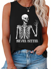  Funny Skull Print Tank Top Round Neck Summer Tee
