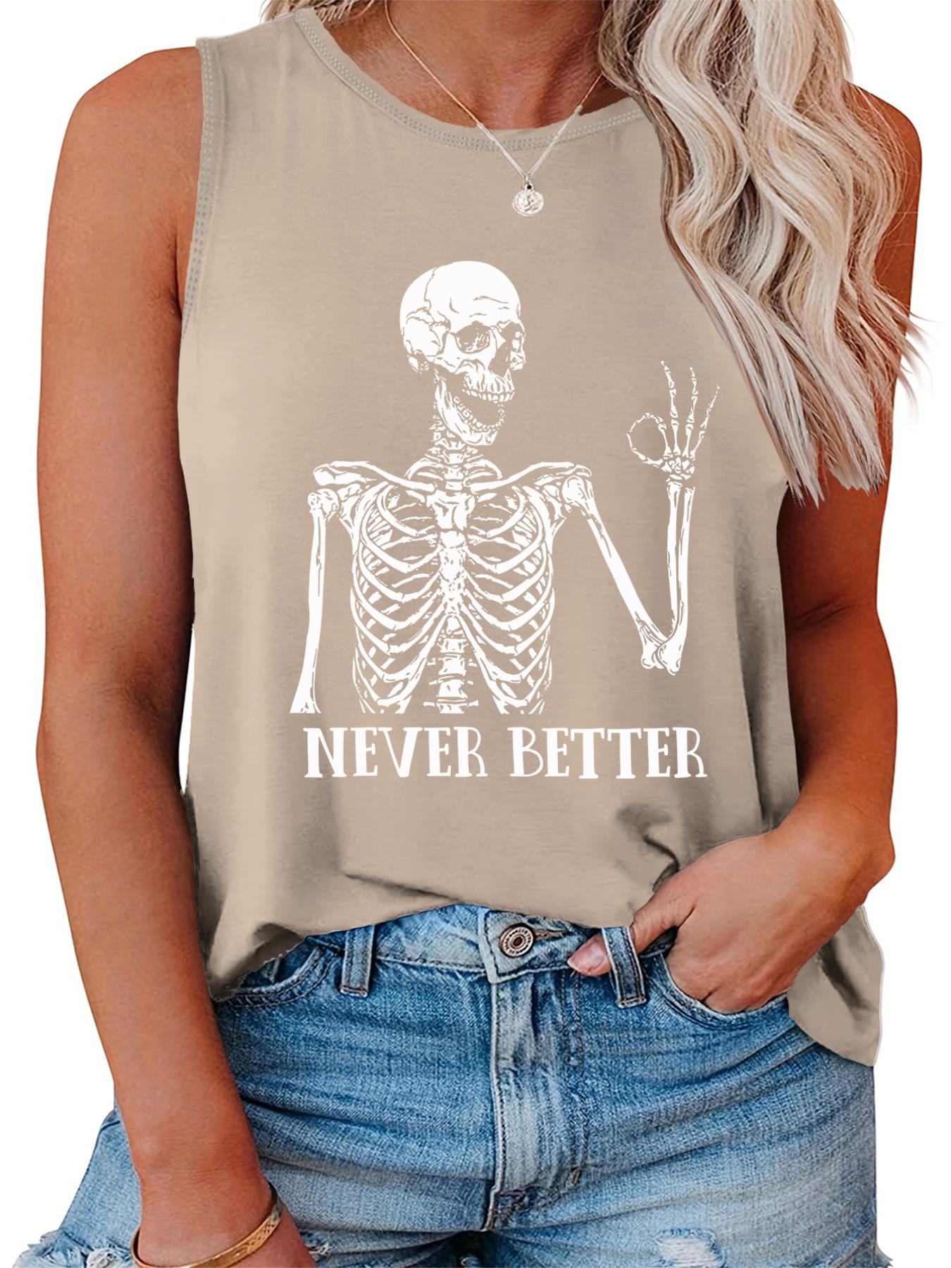  Funny Skull Print Tank Top Round Neck Summer Tee