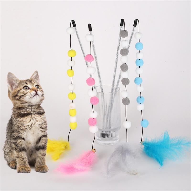 Pompom Cat Toys Interactive Stick Feather Kitten Teasing Durable Playin
