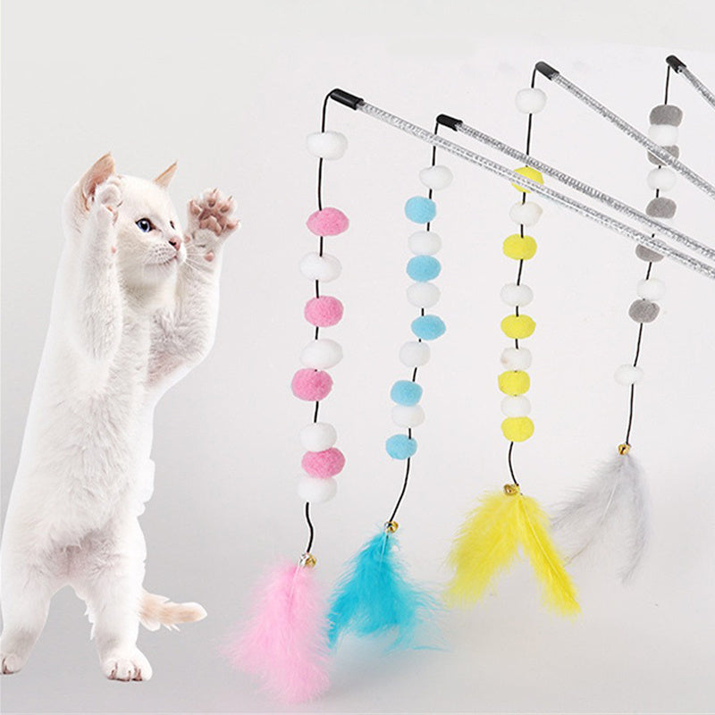 Pompom Cat Toys Interactive Stick Feather Kitten Teasing Durable Playin