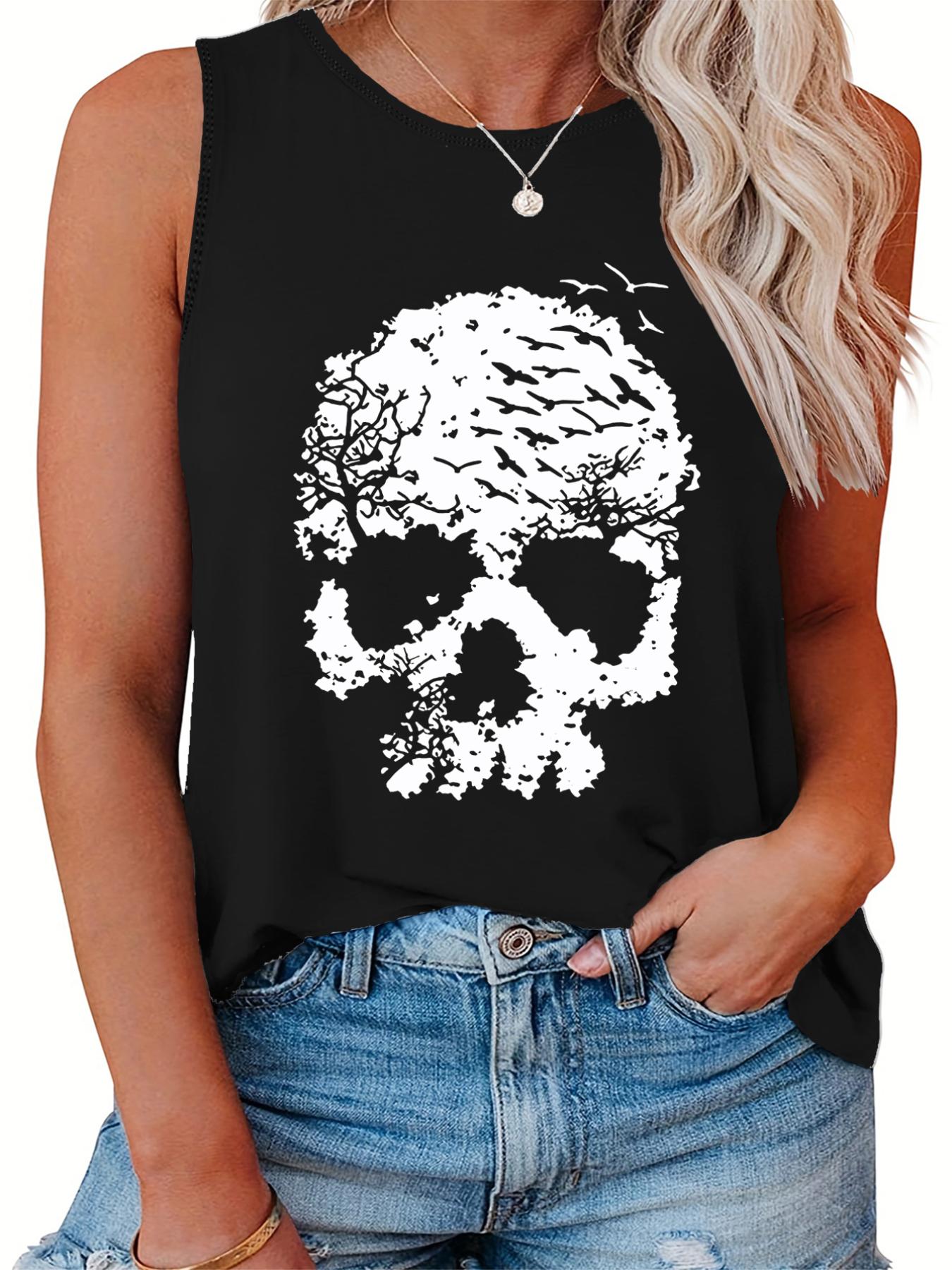  Skull Print Round Neck Vest Top