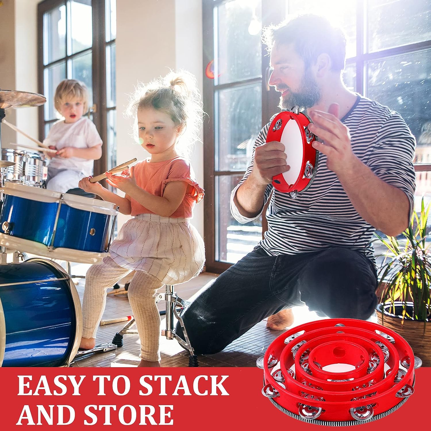Red Wooden Handheld Tambourine with Single Row Metal Jingles