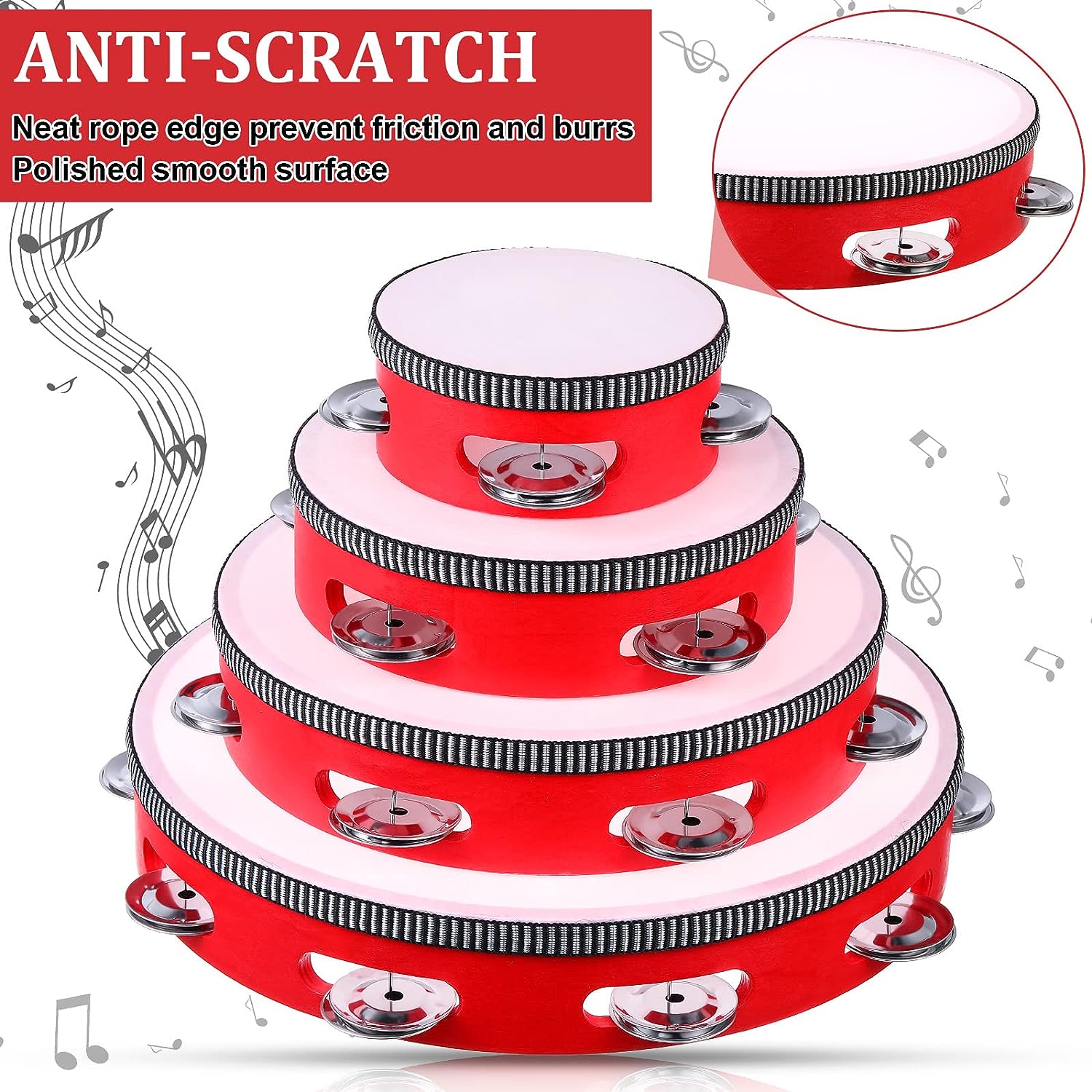 Red Wooden Handheld Tambourine with Single Row Metal Jingles