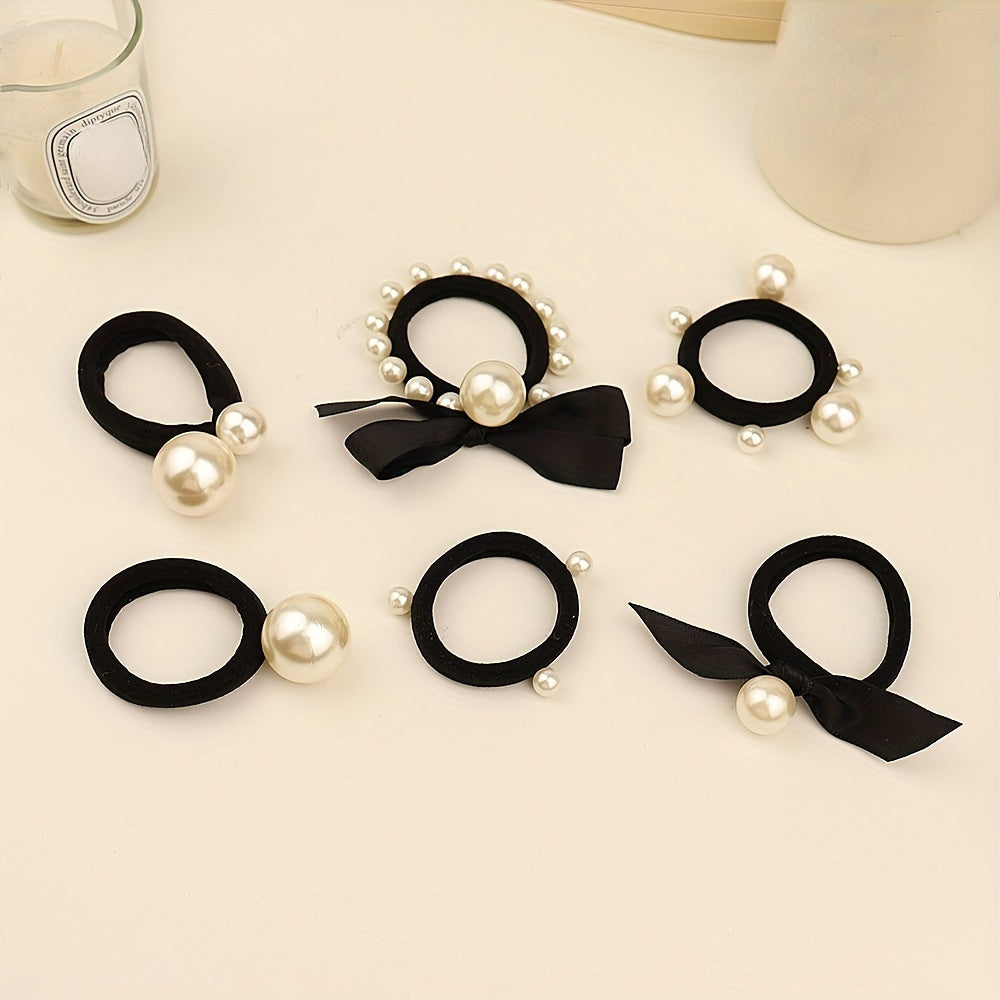 5pcs Faux Pearl Hair Tie Bowknot Hair Rope Ponytail Holder Hair Accessories