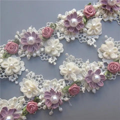 Faux Pearl Rose Flower Lace Trim Ribbon - DIY Sewing Crafts Bags Clothes Costume