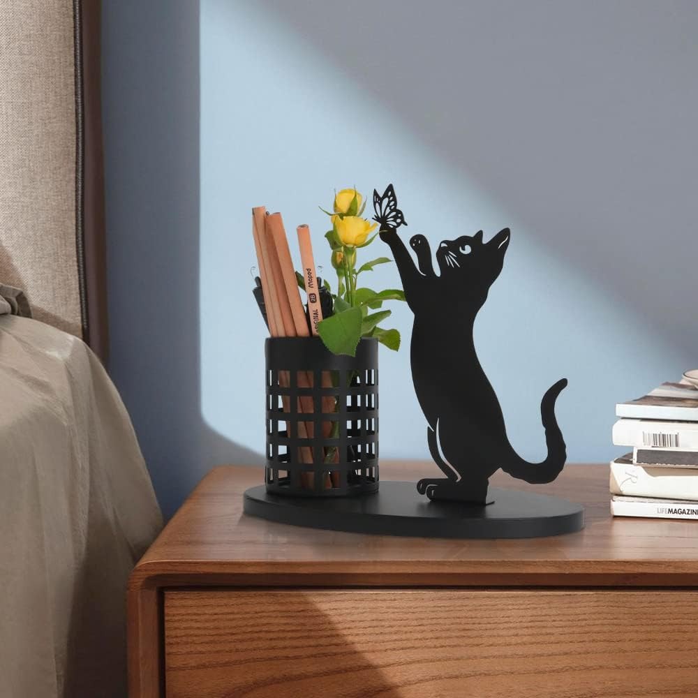Cat Pencil Holder Desk Organizer Metal Cut Home Decor Office Bedroom