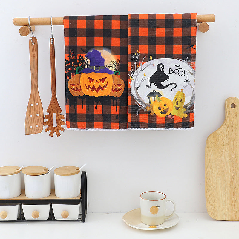 2pcs Halloween Hand Towels Orange Plaid Design Microfiber Pumpkin Dish Towels