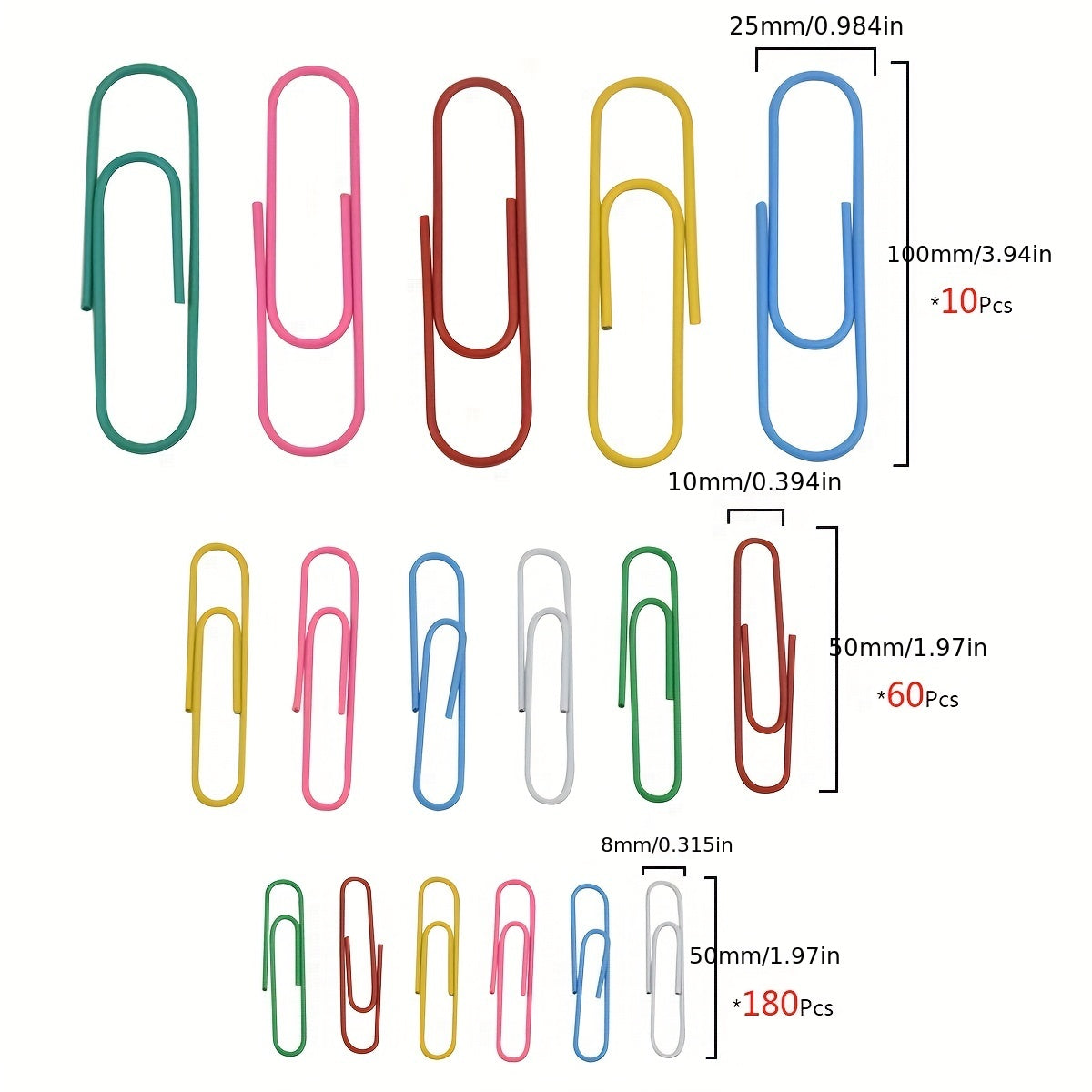 Coloured Paper Clips Set 250pcs Plastic Coated Small Large 28mm 50mm 100mm
