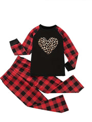  Leopard Heart & Plaid Print Tee & Pants Lounge Set