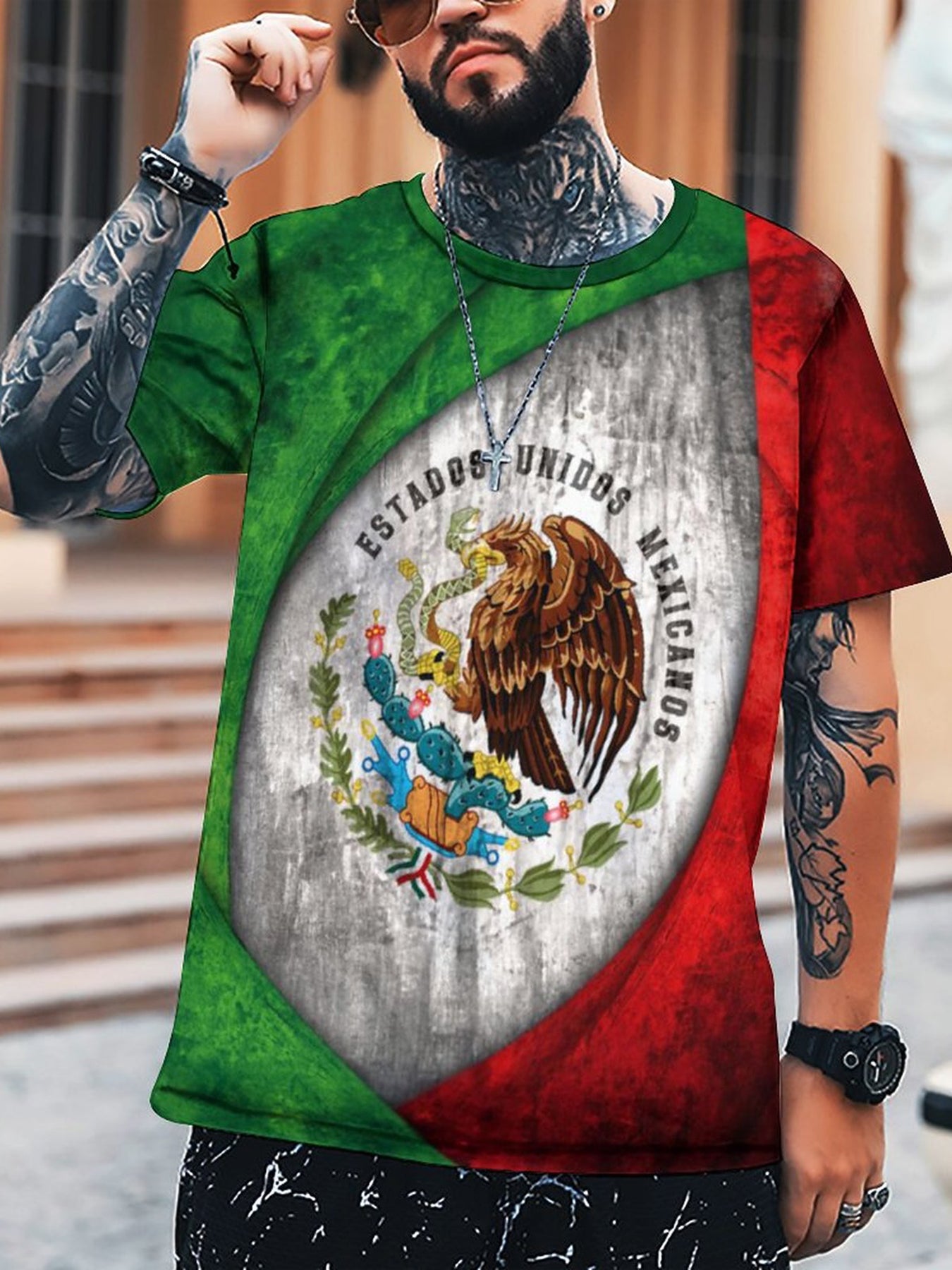 Mexican Elements Inspired 3D Digital Pattern Print Men's Graphic T shirt