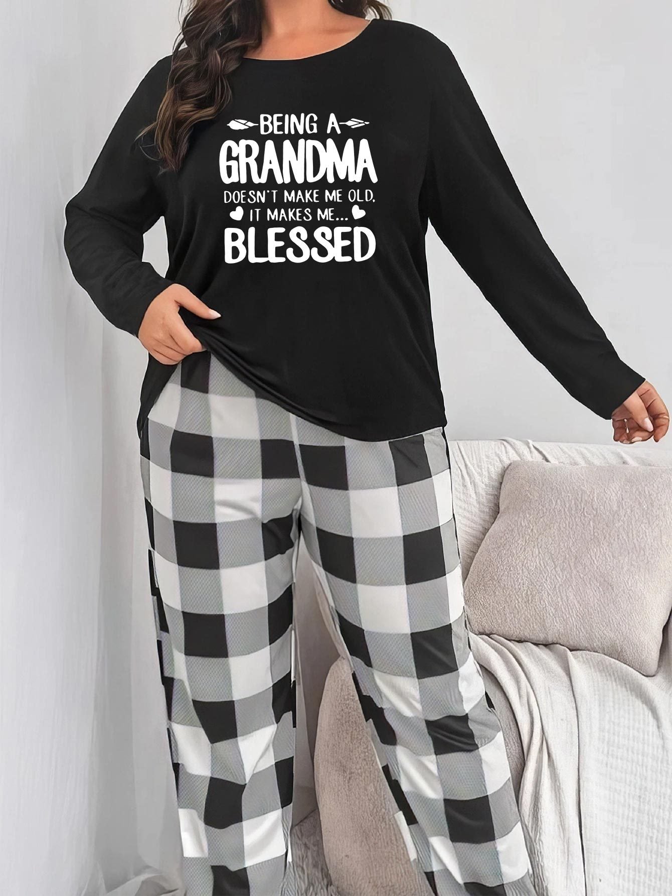  Colorblock Gingham & Slogan Print Long Sleeve Tee & Pants Pajama Set
