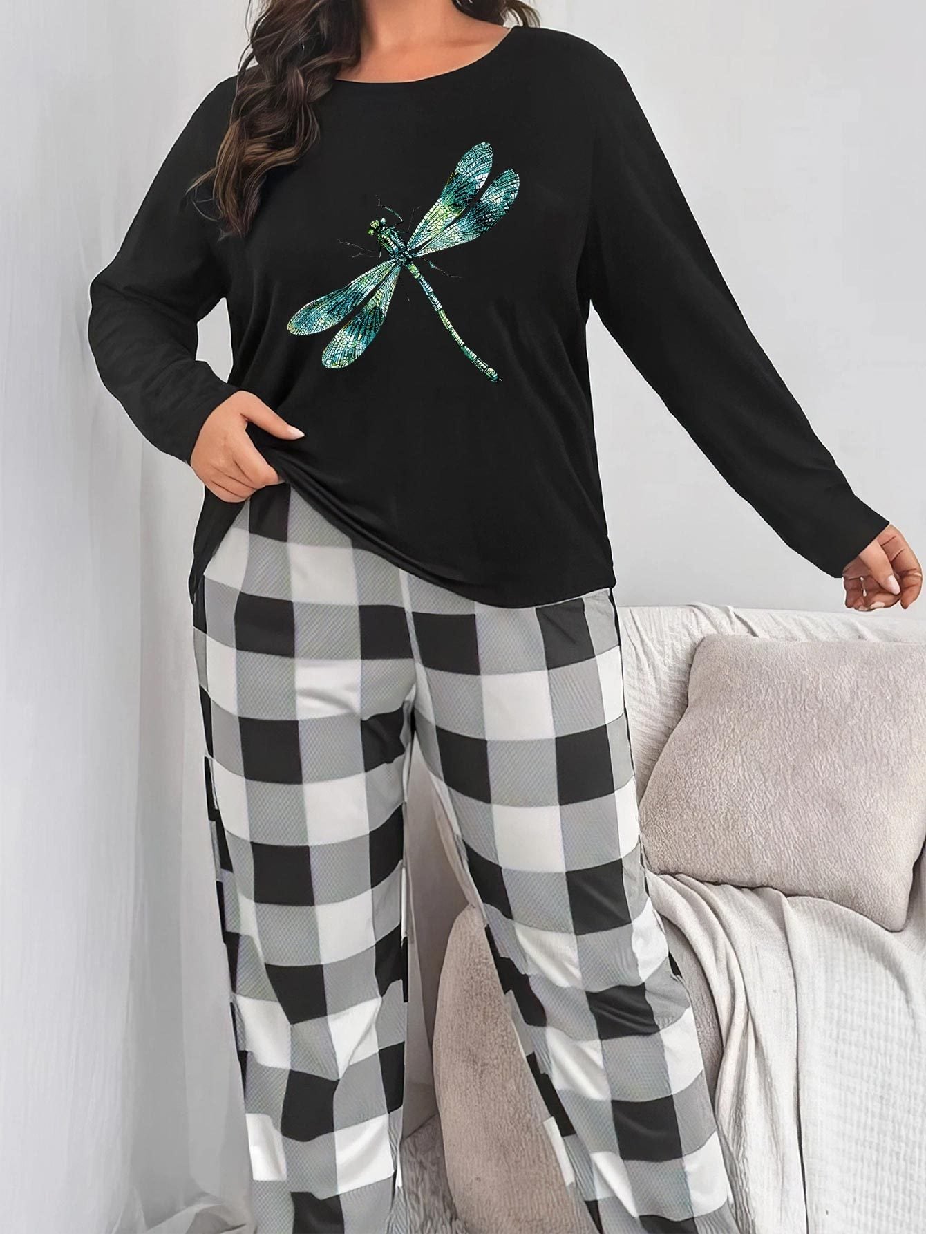  Dragonfly Print Tee & Plaid Pants Lounge Set