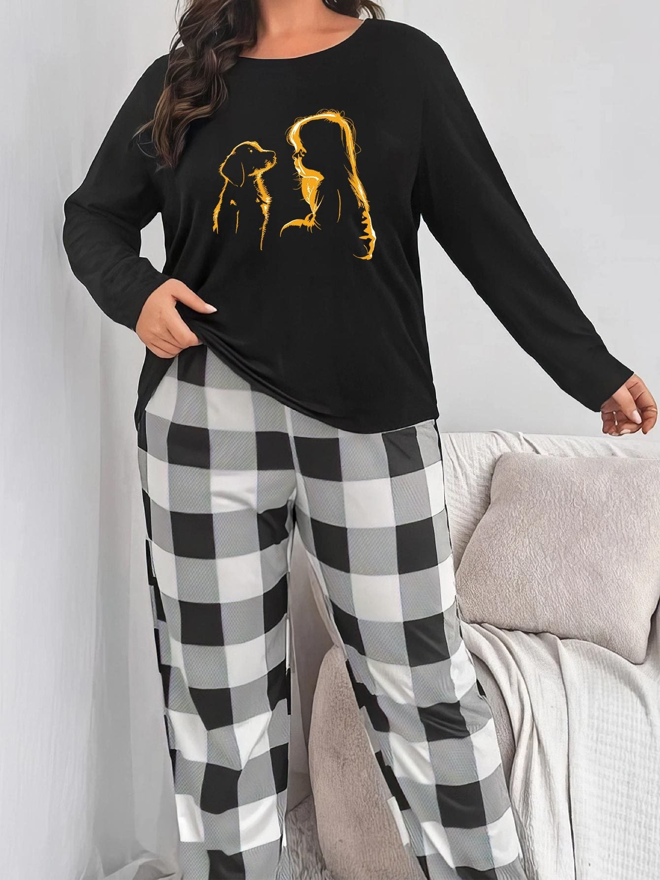  Puppy & Figure Print Long Sleeve Tee & Plaid Pants Set