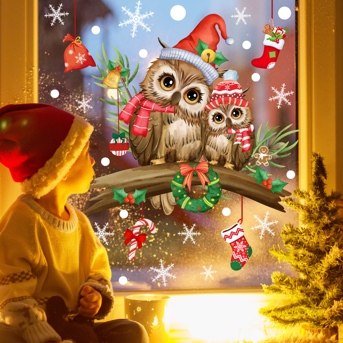 Christmas Tree Branch Owl Glass Sticker Self Adhesive Wall Sticker Festive