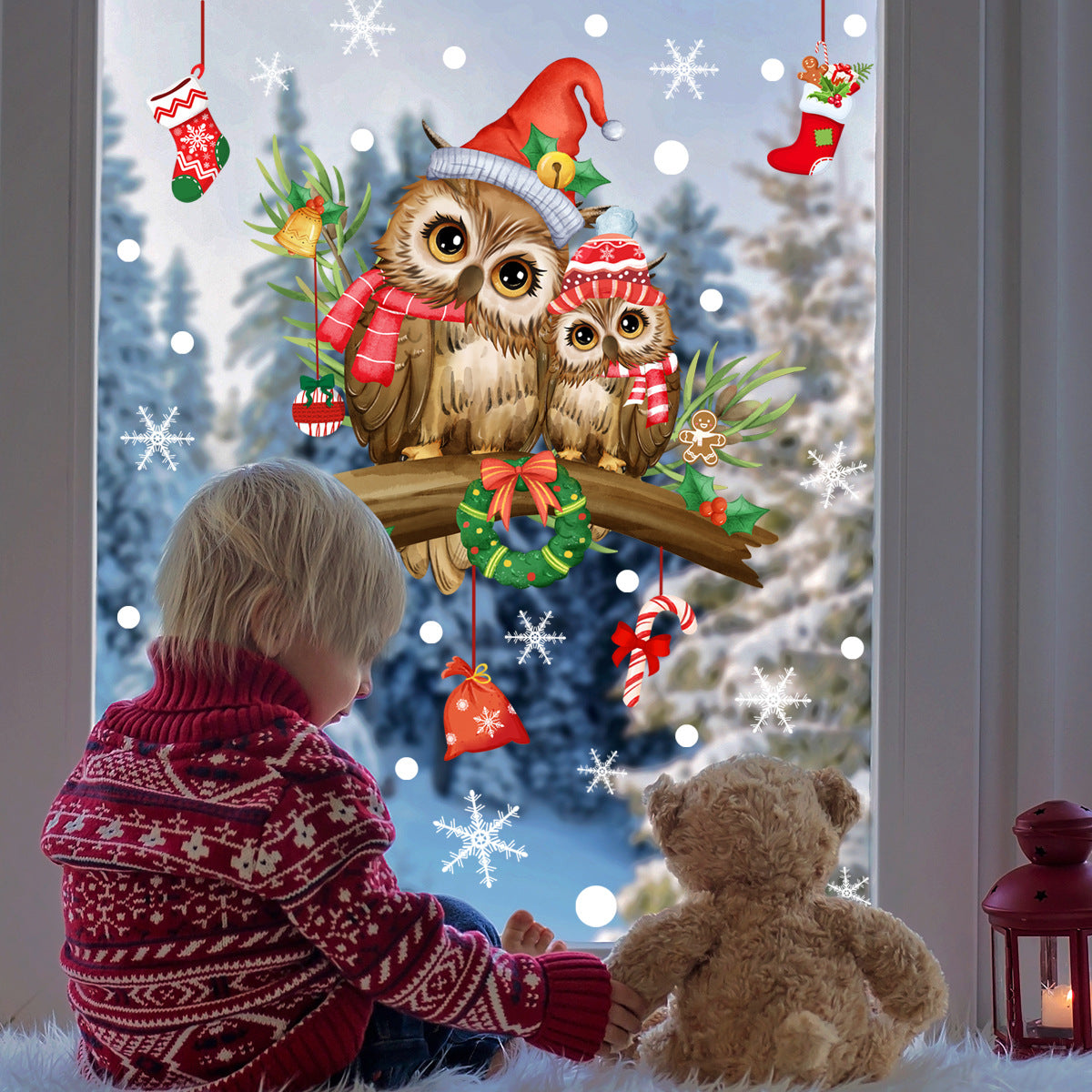 Christmas Tree Branch Owl Glass Sticker Self Adhesive Wall Sticker Festive