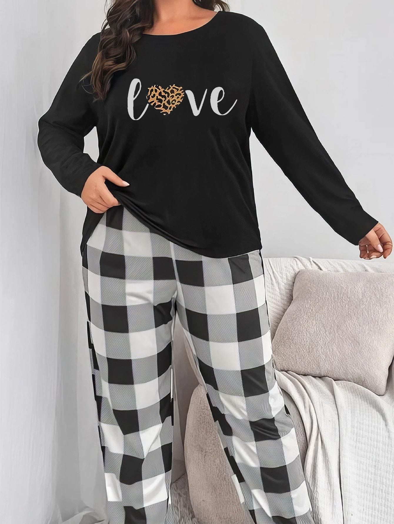 Leopard Print Pajama Set Plaid Pants Lounge Two Piece
