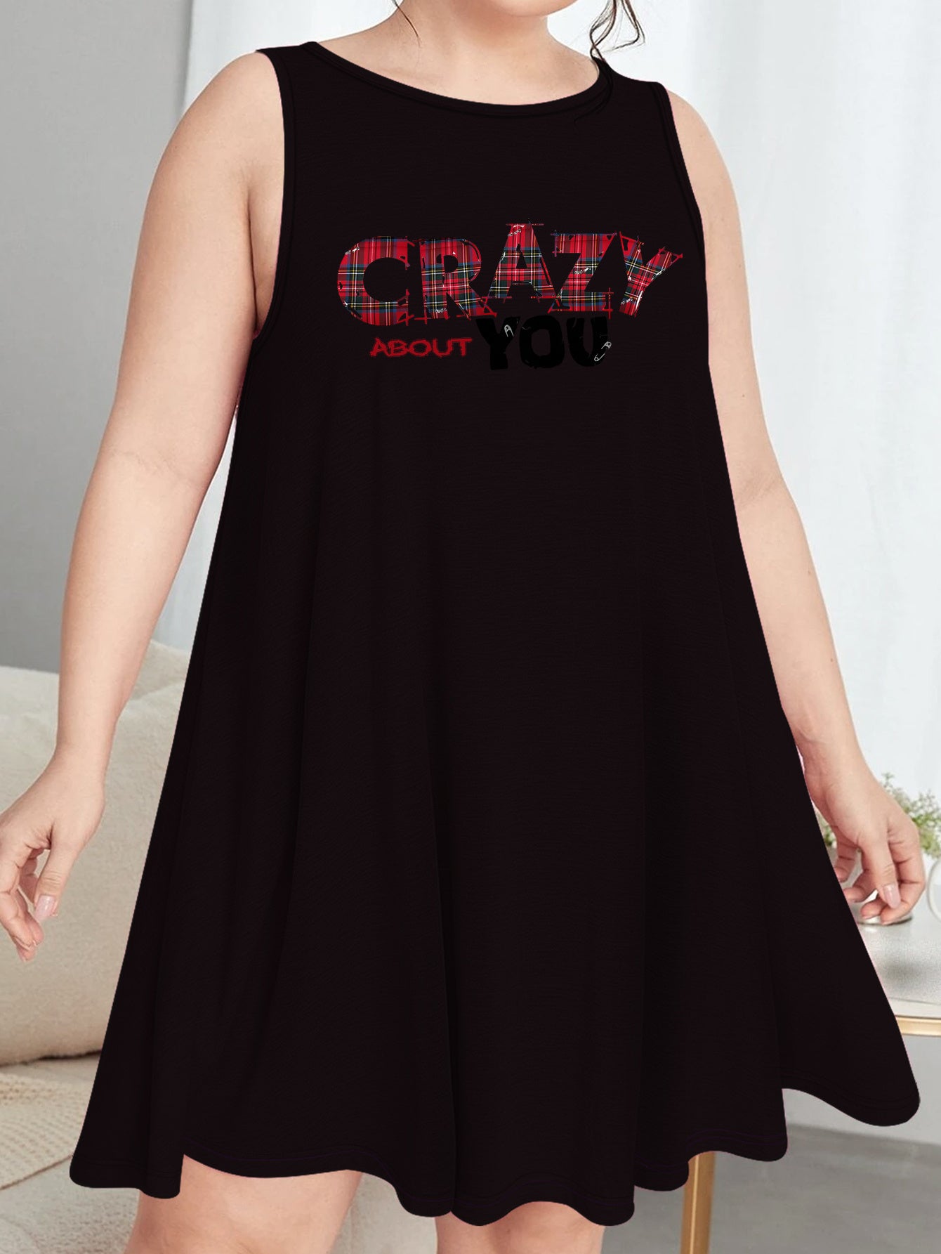  Nightdress Tank Sleep Letter Print Round Neck