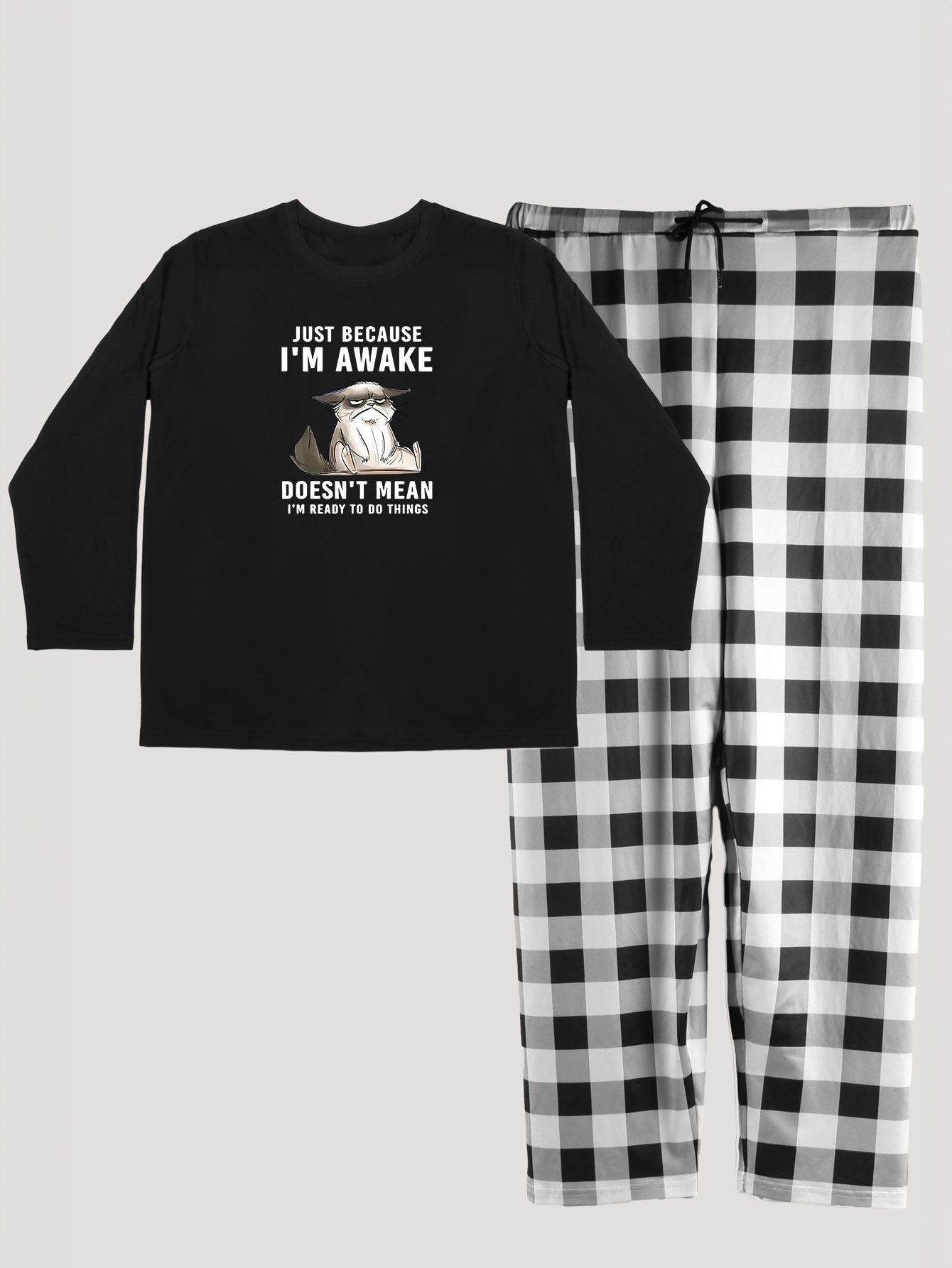  Cat Print Tee & Plaid Pants Pajama Set