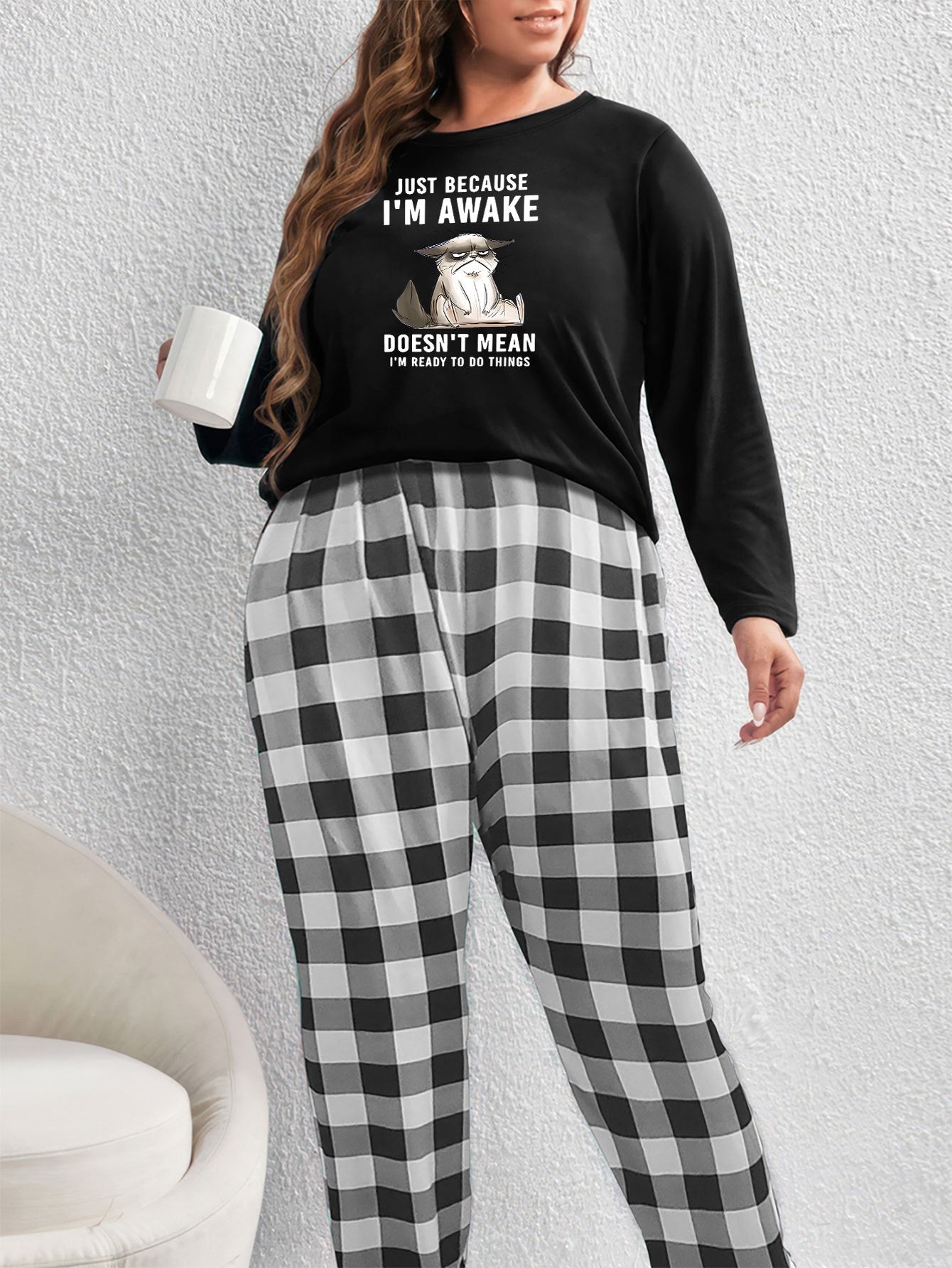  Cat Print Tee & Plaid Pants Pajama Set