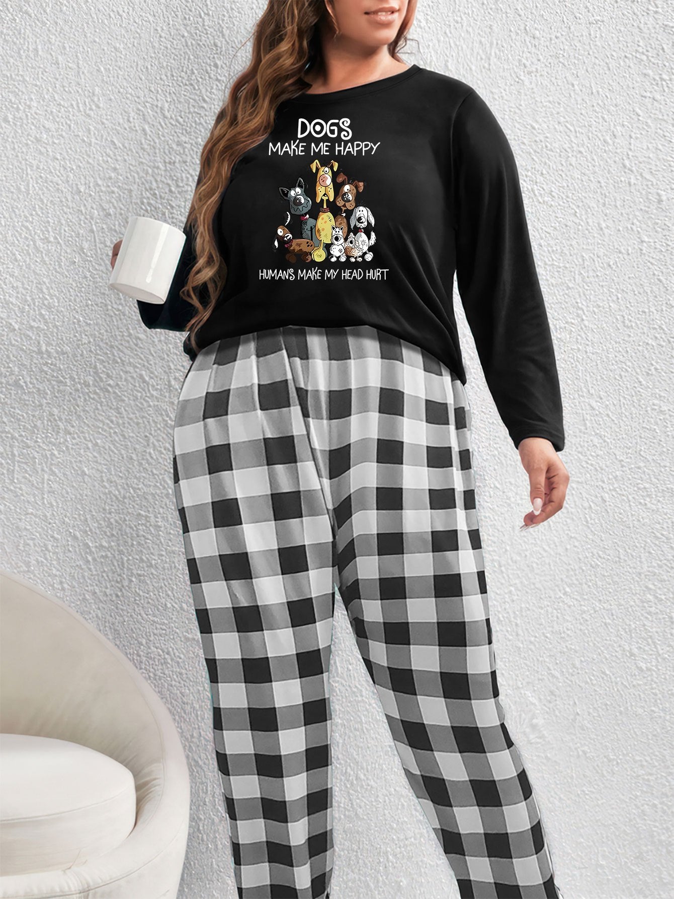  Puppy Print Lounge Set Long Sleeve Tee & Plaid Pants Two Piece