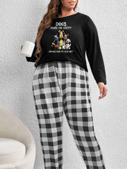  Puppy Print Lounge Set Long Sleeve Tee & Plaid Pants Two Piece