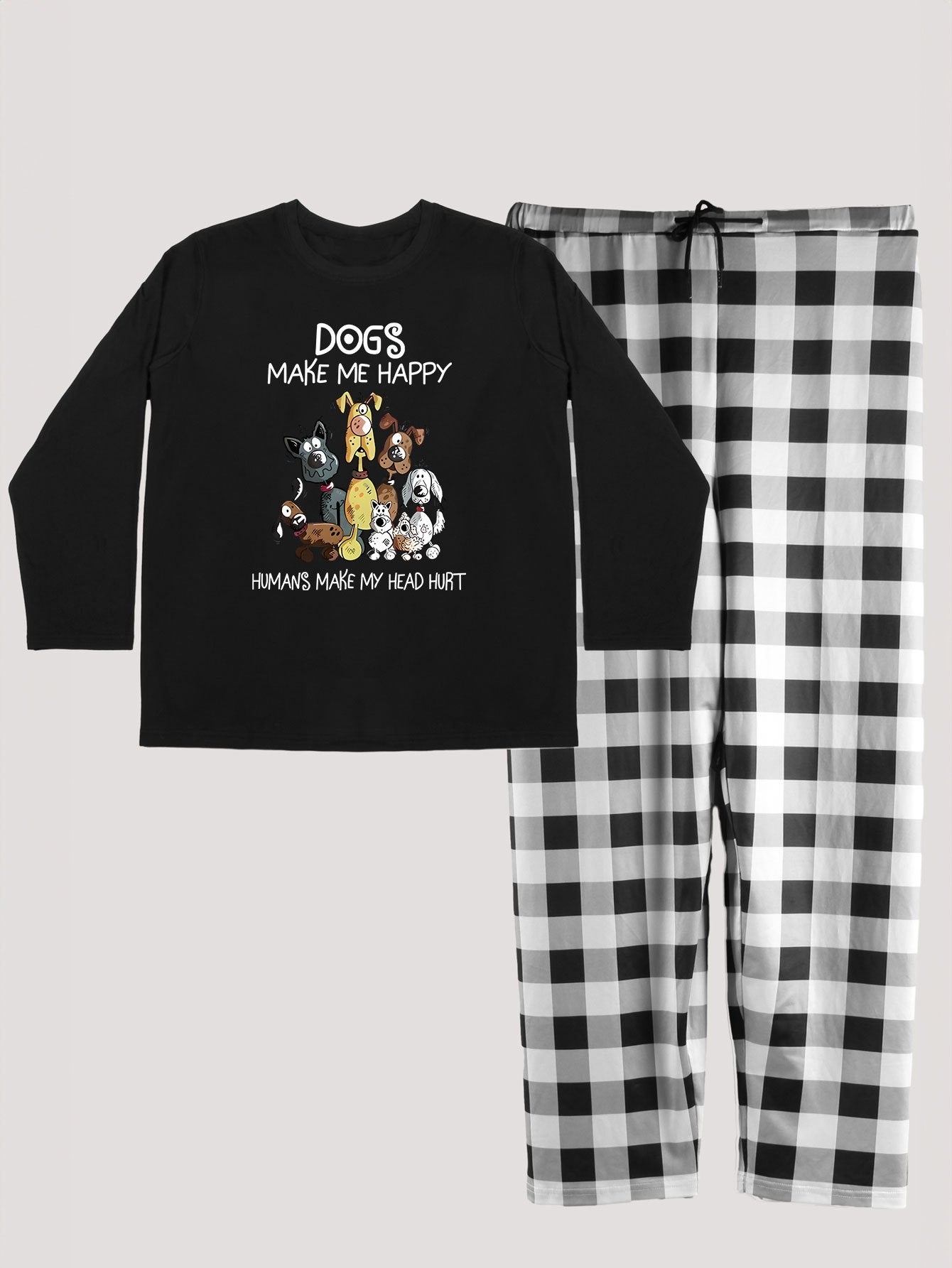  Puppy Print Lounge Set Long Sleeve Tee & Plaid Pants Two Piece
