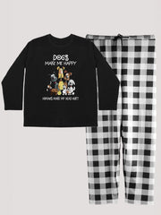  Puppy Print Lounge Set Long Sleeve Tee & Plaid Pants Two Piece