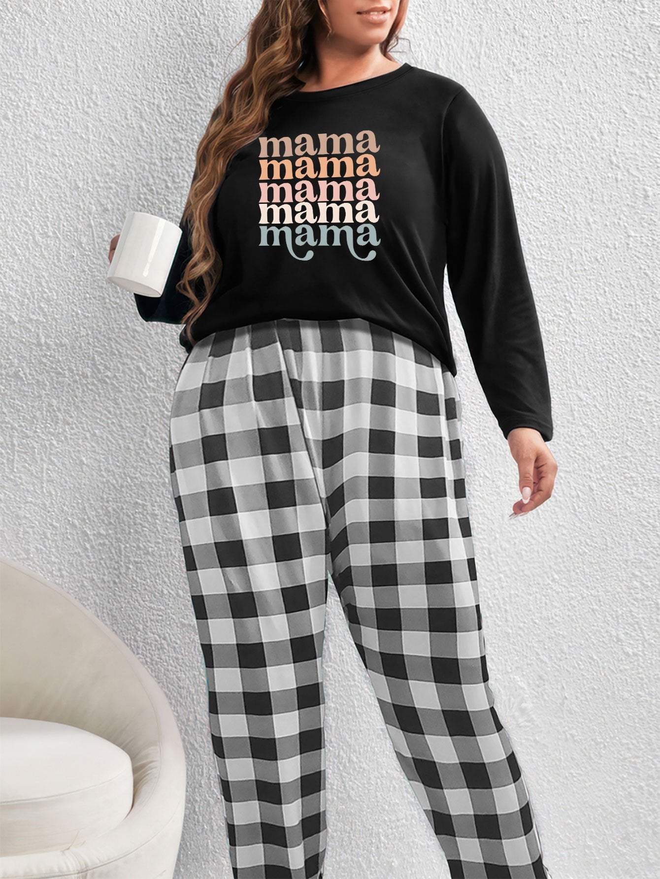  Colorful Letter Print Tee & Plaid Pants Pajama Set