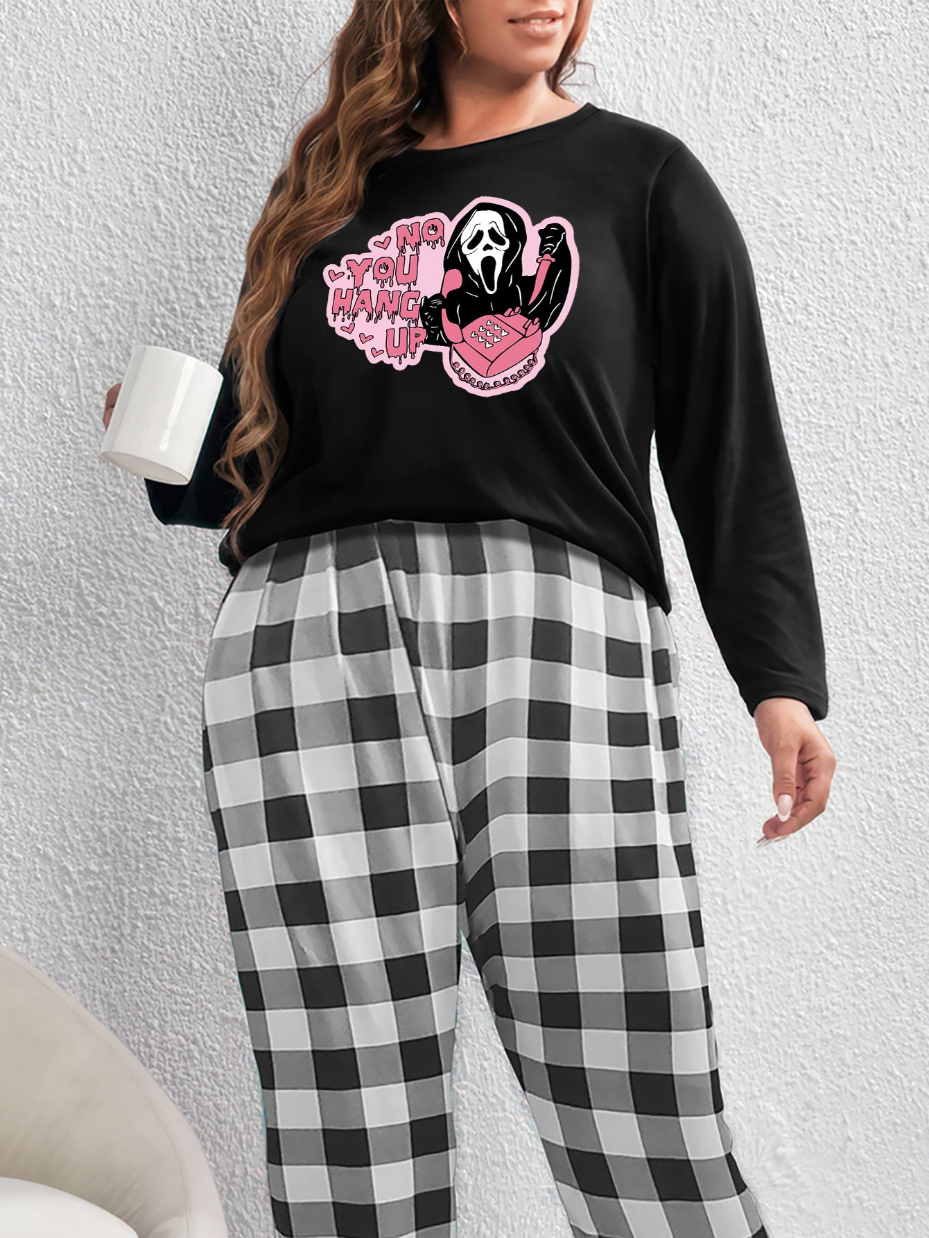  Halloween Loungewear Set Pink Letters & Ghost Skull Print Tee & Plaid