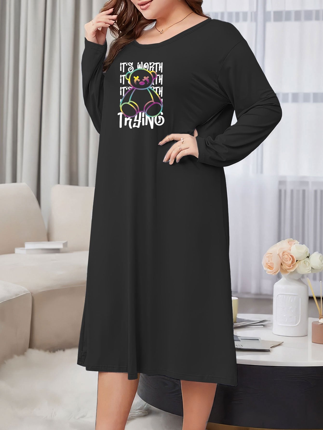  Funny Bear Print Lounge Dress Long Sleeve Nightdress