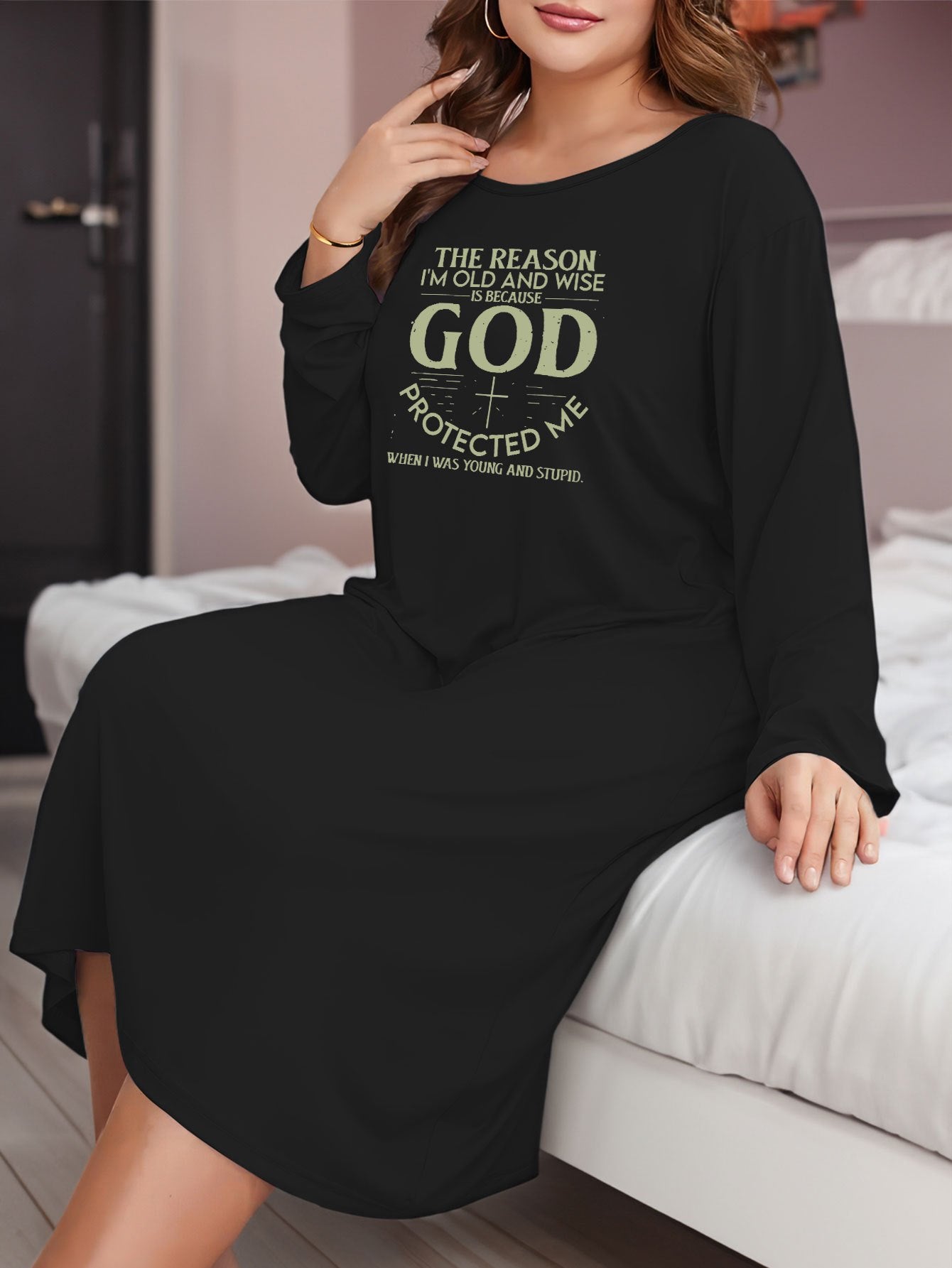 Women's Plus Cross & Slogan Print Long Sleeve Lounge Dress