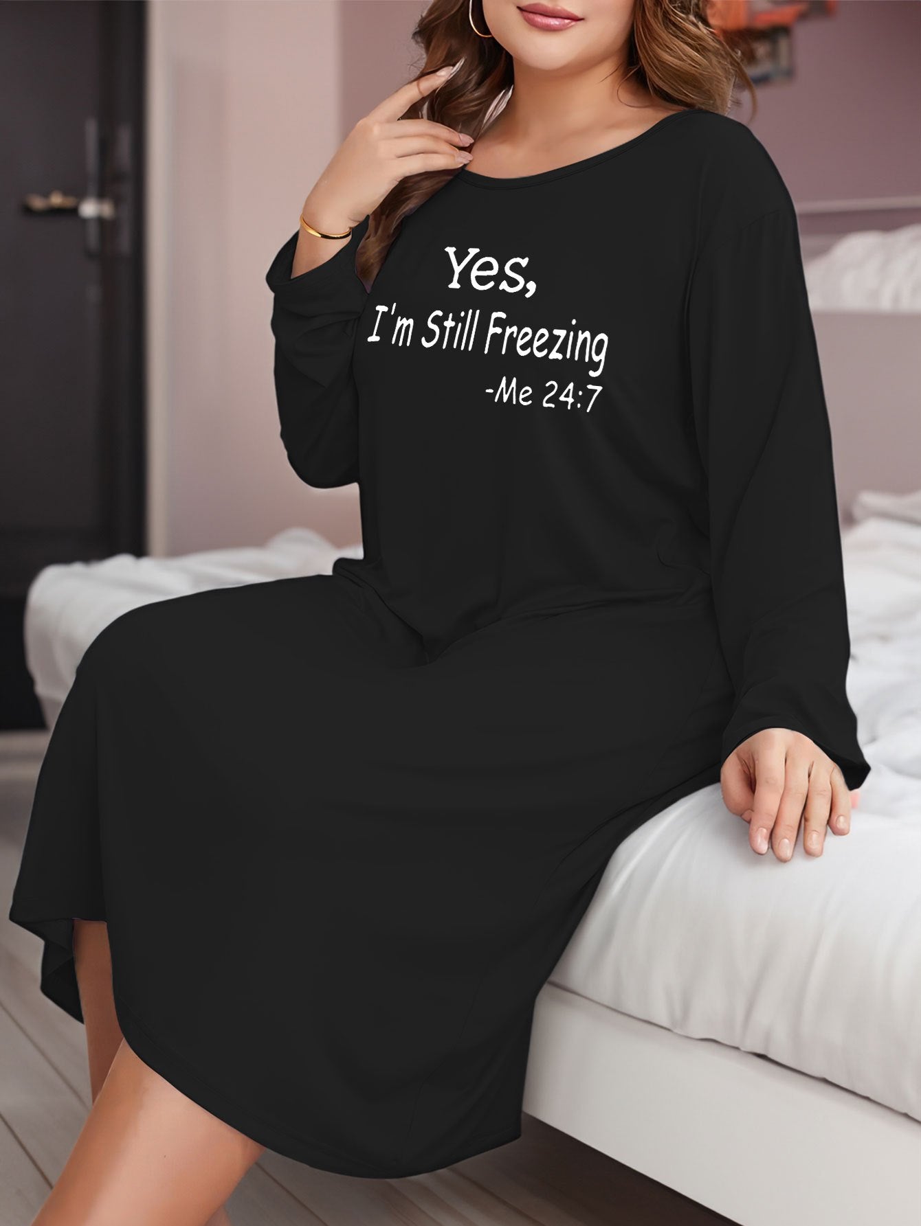  Slogan Print Lounge Dress Long Sleeve Round Neck Nightdress