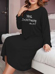  Slogan Print Lounge Dress Long Sleeve Round Neck Nightdress
