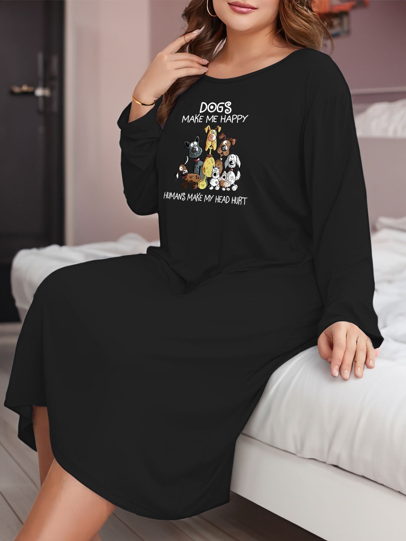  Casual Lounge Dress Women's Plus Puppy & Letter Print