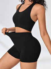 2PCS Yoga Set Women Seamless High Waist Shorts Sports Bra Gym Suit