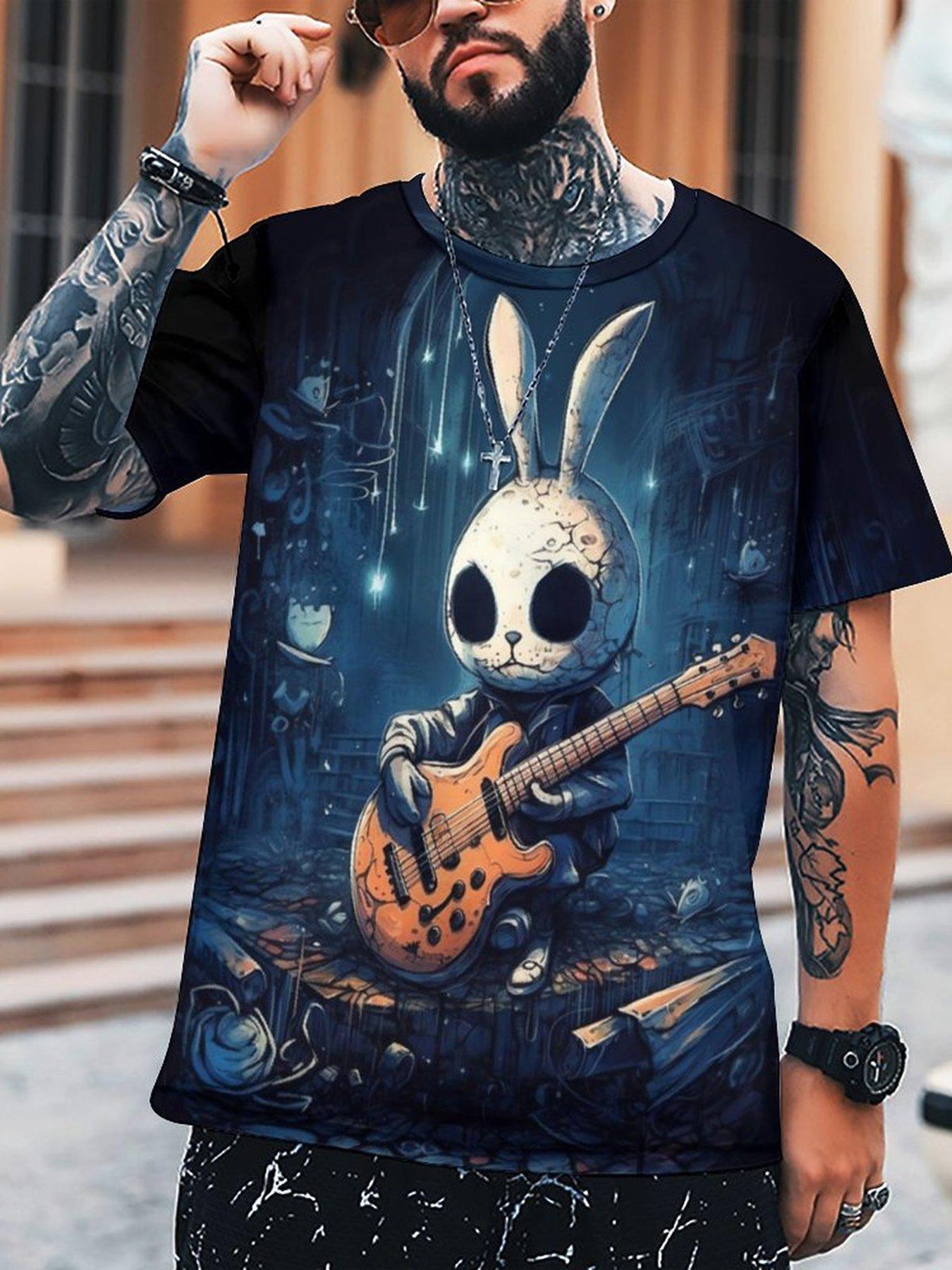 Rock Style Bunny 3D Pattern Men's Graphic T-shirt Short Sleeve Pullover Top