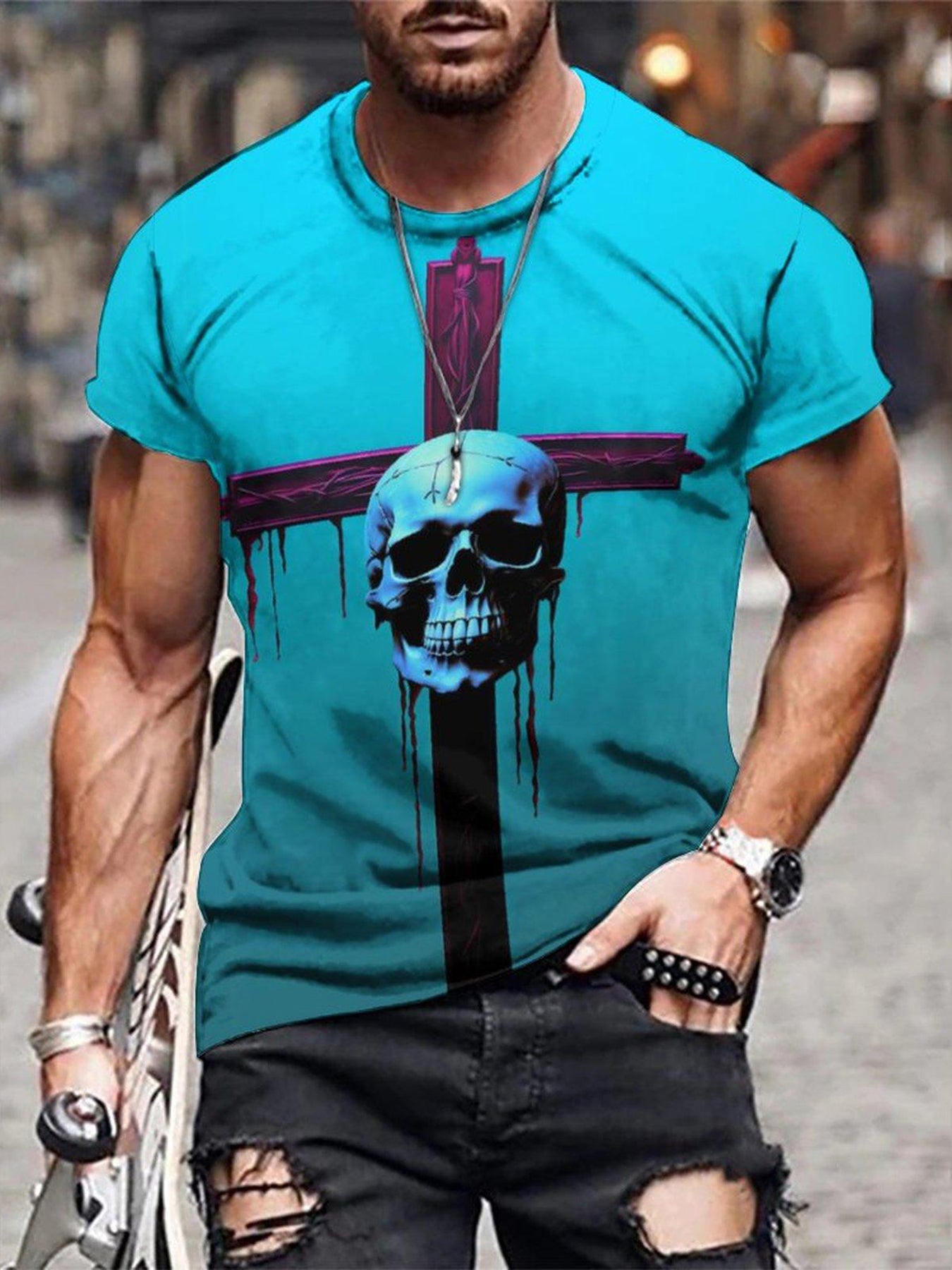 Men's Cross Skull Print Tee Shirt for Summer