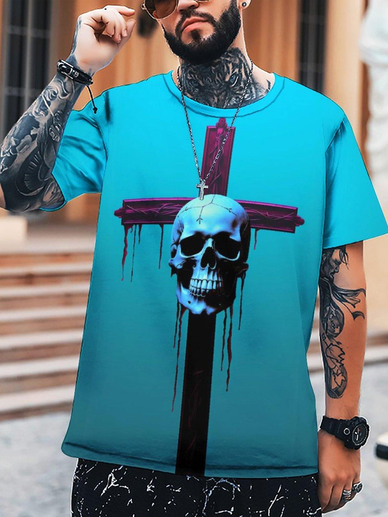Men's Cross Skull Print Tee Shirt for Summer
