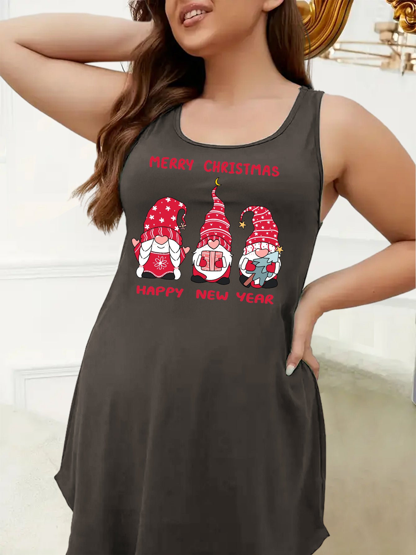  Christmas Nightdress Women's Dwarf & Slogan Print Racer Back Tank
