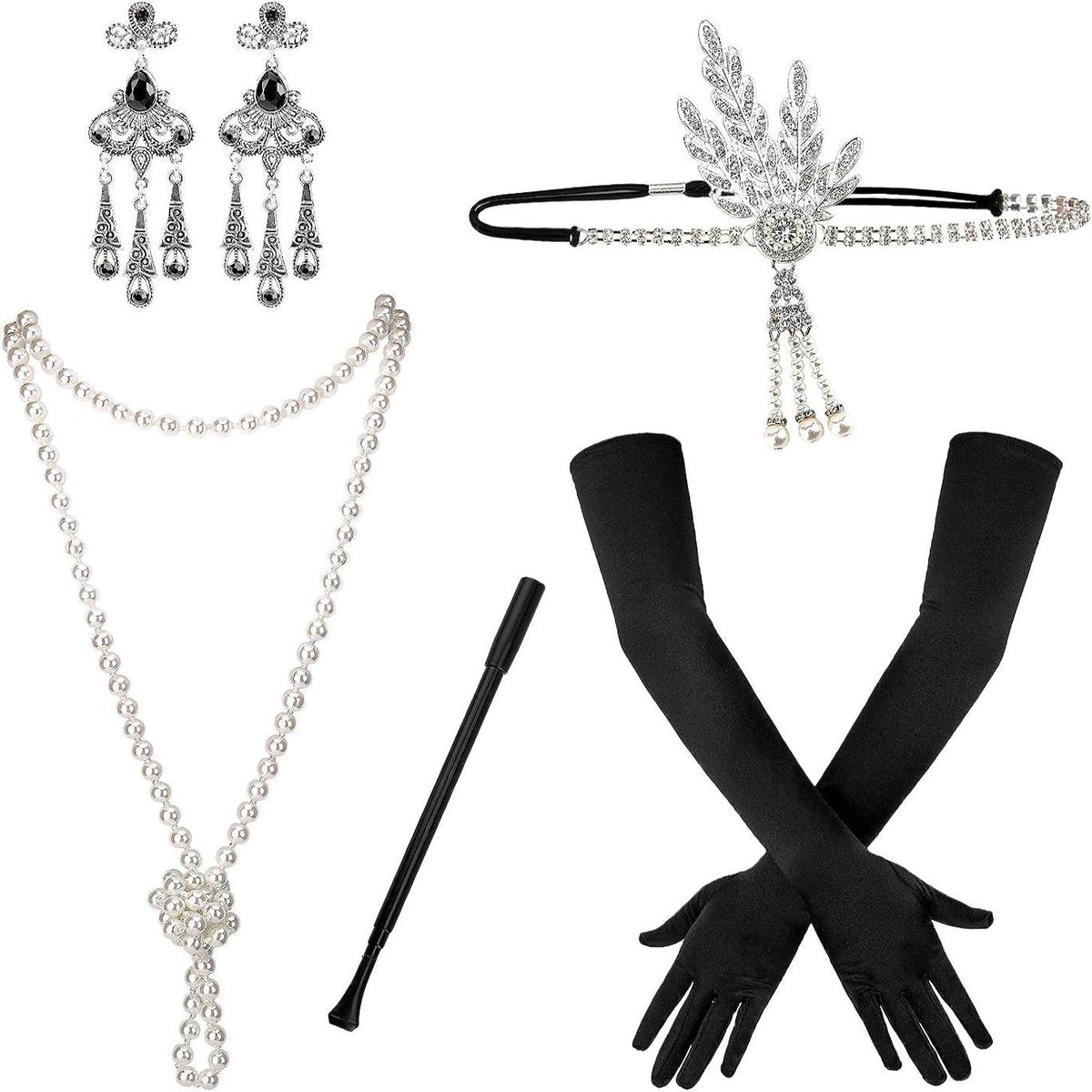 1920s Women's Costume Accessories Set - Headband, Earrings, Necklace, Gloves