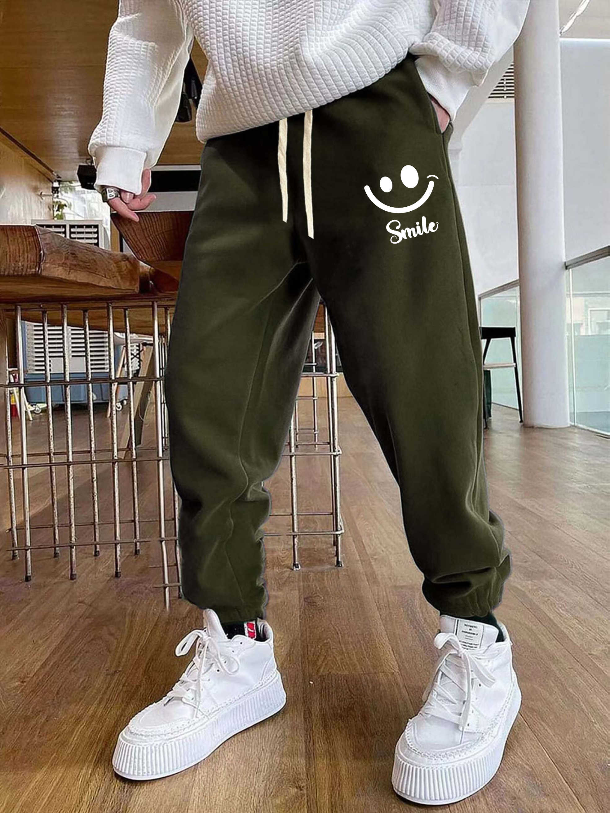 Cartoon Smiling Face Print Men's Pants Drawstring Active Trousers
